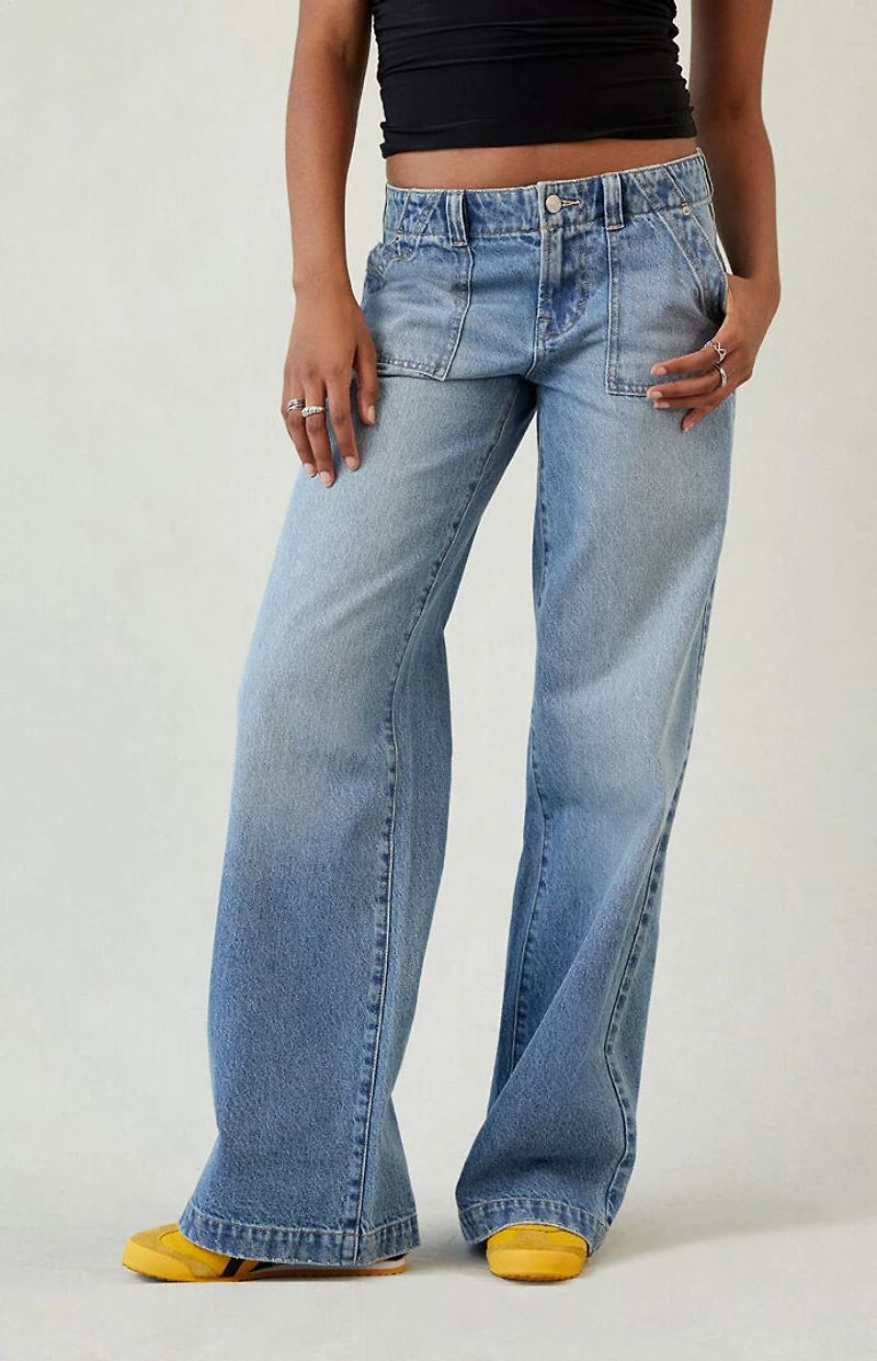 Pacsun Casey Low Rise Baggy Jeans Button Pocket Medium Blue
