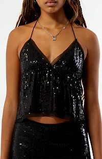 Your Favorite Remy Sequin Halter Tie Back Tank Top
