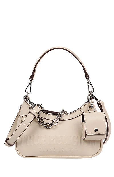 True Religion Cream Trapunto Logo Zip Top Hobo Bag
