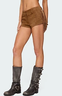 Edikted Sapir Fringe Faux Suede Shorts