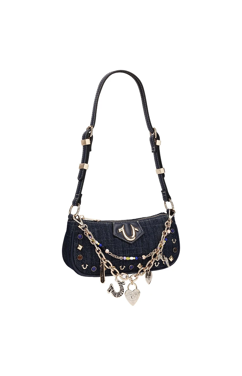 True Religion Chain & Studs Dark Denim Shoulder Bag