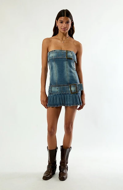 PLAY PALM ANGELS Buckle Strapless Denim Mini Dress