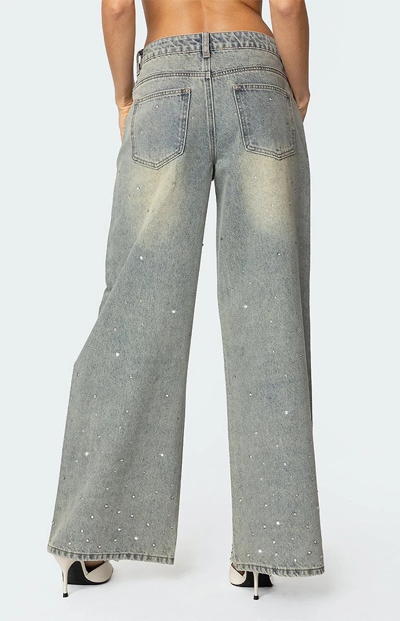 Edikted Rhinestone Low Rise Washed Jeans