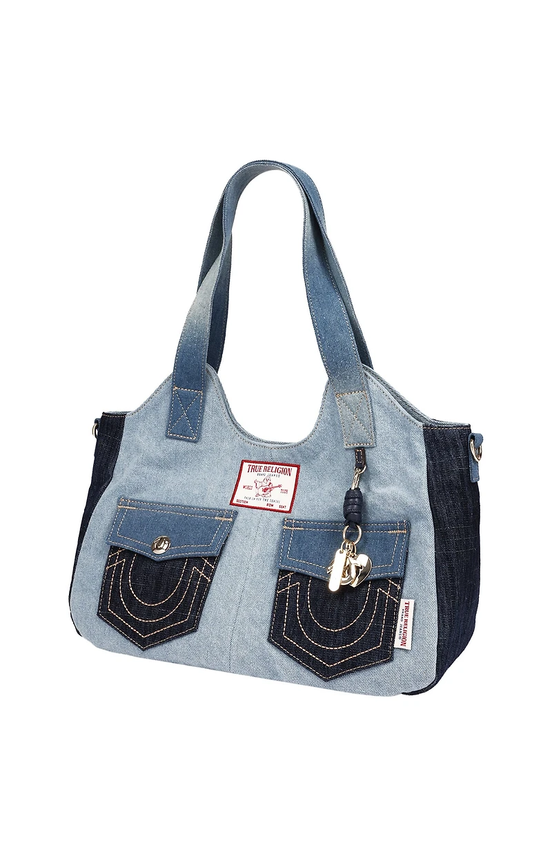True Religion Color Block Denim Soft Satchel Bag