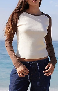 John Galt Brown & White Raglan Long Sleeve Top