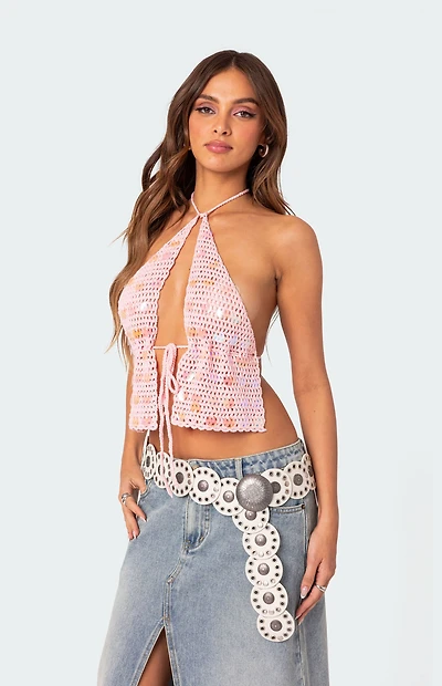 Edikted Sequin Crochet Open Back Top