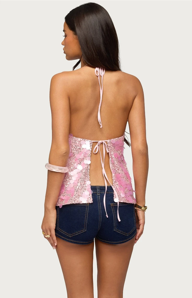 Edikted Ellorie Backless Sequin Halter Top