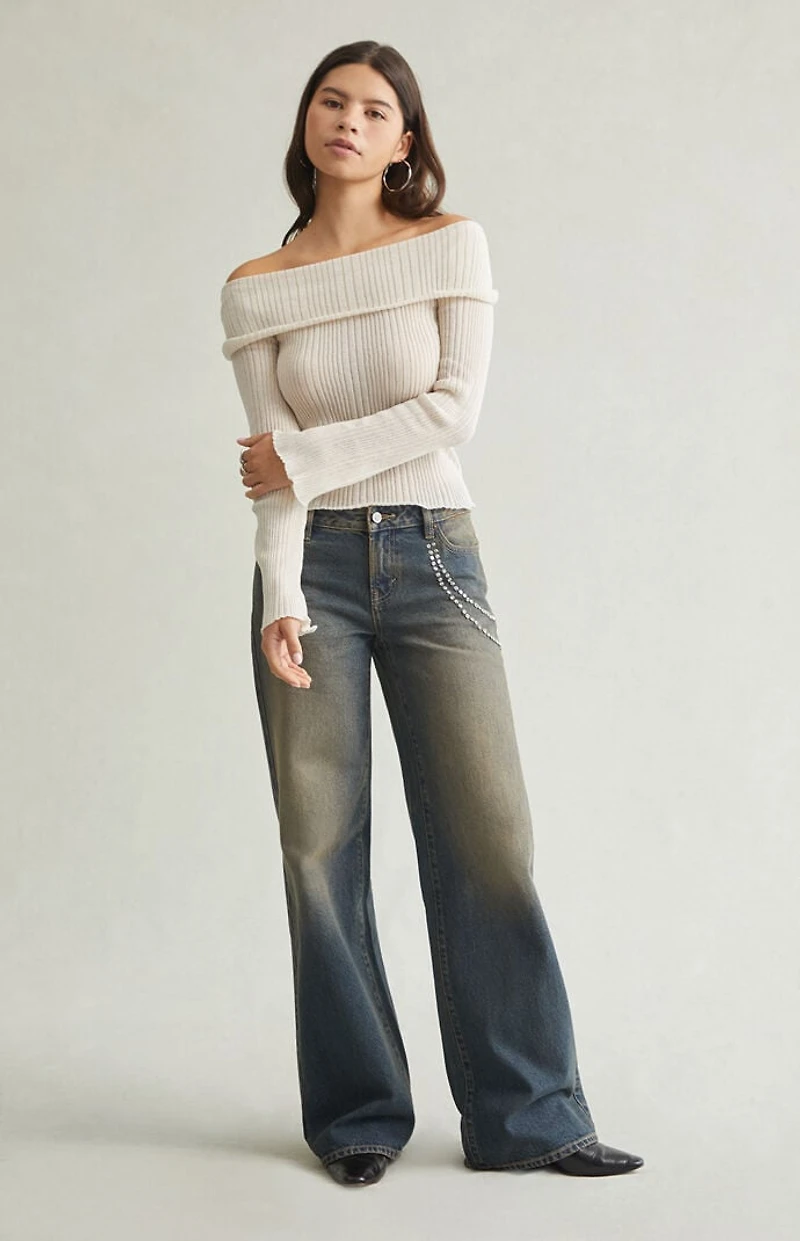 Pacsun Casey Low Rise Baggy Jeans Rhinestone Chain Tinted Blue