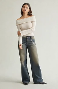 Pacsun Casey Low Rise Baggy Jeans Rhinestone Chain Tinted Blue