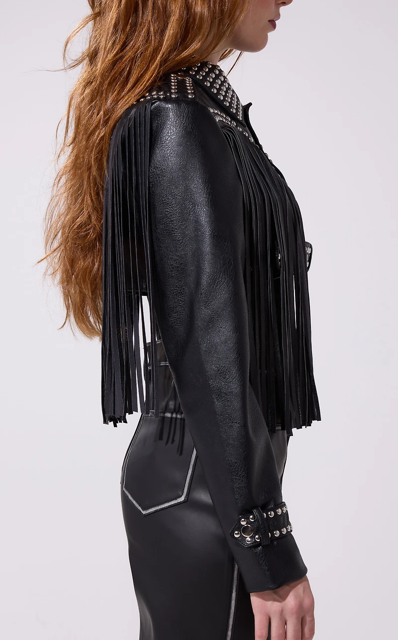 AZALEA WANG Oakly Black Fringe Faux Leather Western Jacket
