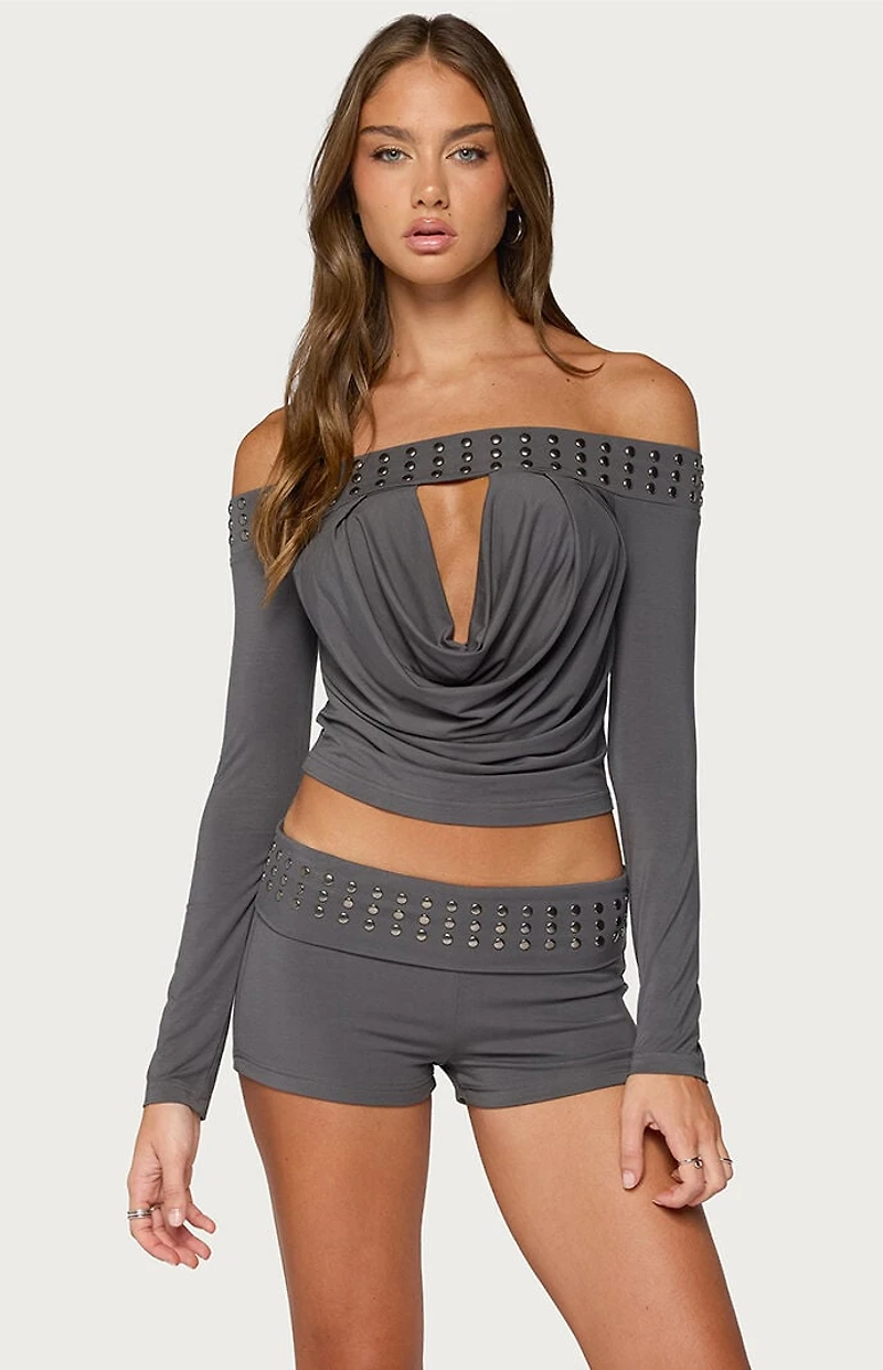 Edikted Amy Studded Off Shoulder Cowl Neck Top