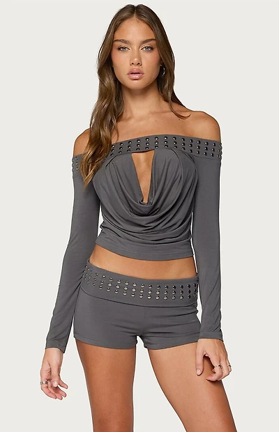 Edikted Amy Studded Off Shoulder Cowl Neck Top