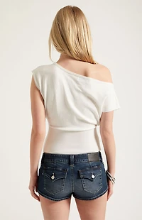 Pacsun Tatum Ultimate Low Rise Denim Micro Shorts Stretch Button Dark Blue