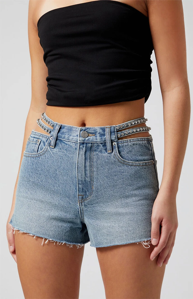 Pacsun Medium Indigo Strappy Rhinestone High Waisted Denim Festival Shorts