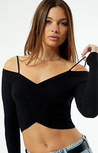 LA Hearts Off-The-Shoulder Wrap Long Sleeve Sweater