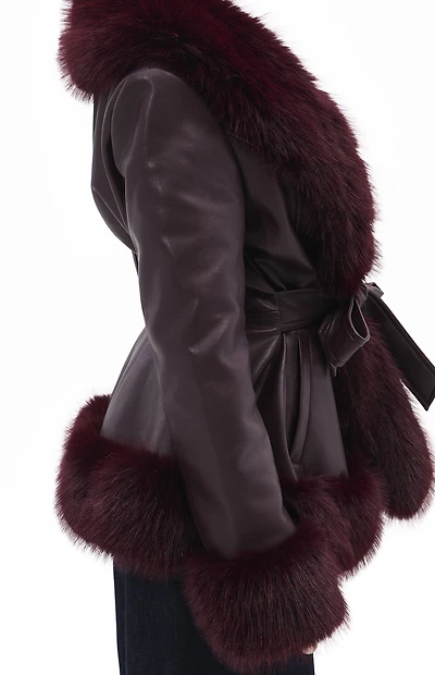 AZALEA WANG Kenzy Burgundy Faux Leather & Fur Belted Coat