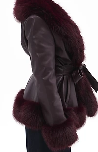 AZALEA WANG Kenzy Burgundy Faux Leather & Fur Belted Coat