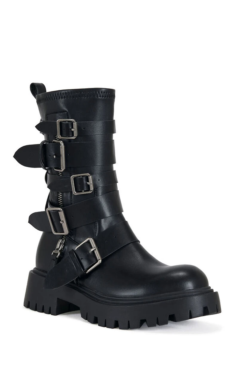 AZALEA WANG Women's Spridy Black Buckled Combat Boots