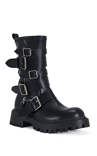 AZALEA WANG Women's Spridy Black Buckled Combat Boots