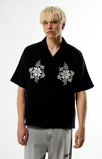 Pacsun Black Floral Embroidered Oversized Resort Camp Shirt