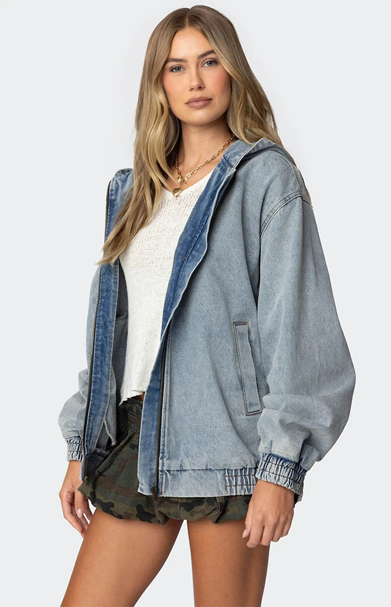 Edikted Hooded Vintage Washed Denim Bomber Jacket