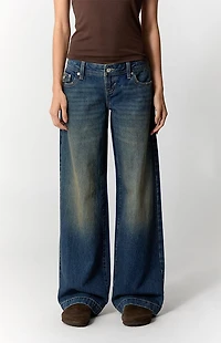 Pacsun Kaia Ultimate Low Rise Baggy Jeans Button Pocket Tint Dark Blue