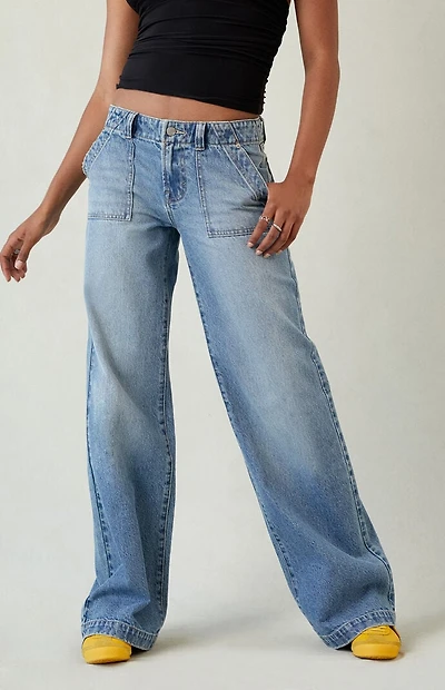 Pacsun Casey Low Rise Baggy Jeans Button Pocket Medium Blue