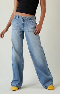 Pacsun Casey Low Rise Baggy Jeans Button Pocket Medium Blue