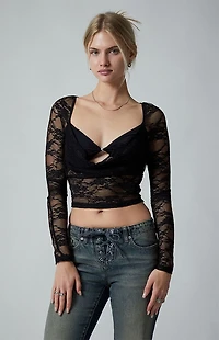 Third Charm Andrea Lace Bead Center Long Sleeve Top