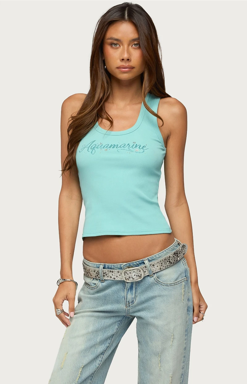 Edikted Aquamarine Rhinestone Tank Top