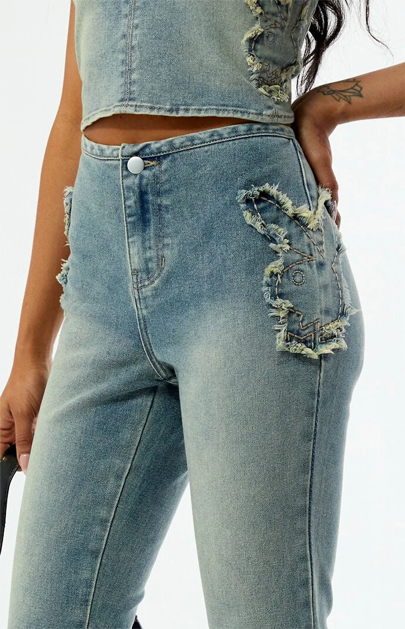 Playboy By PacSun Stretch Frayed High Waisted Flare Jeans