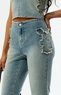 Playboy By PacSun Stretch Frayed High Waisted Flare Jeans