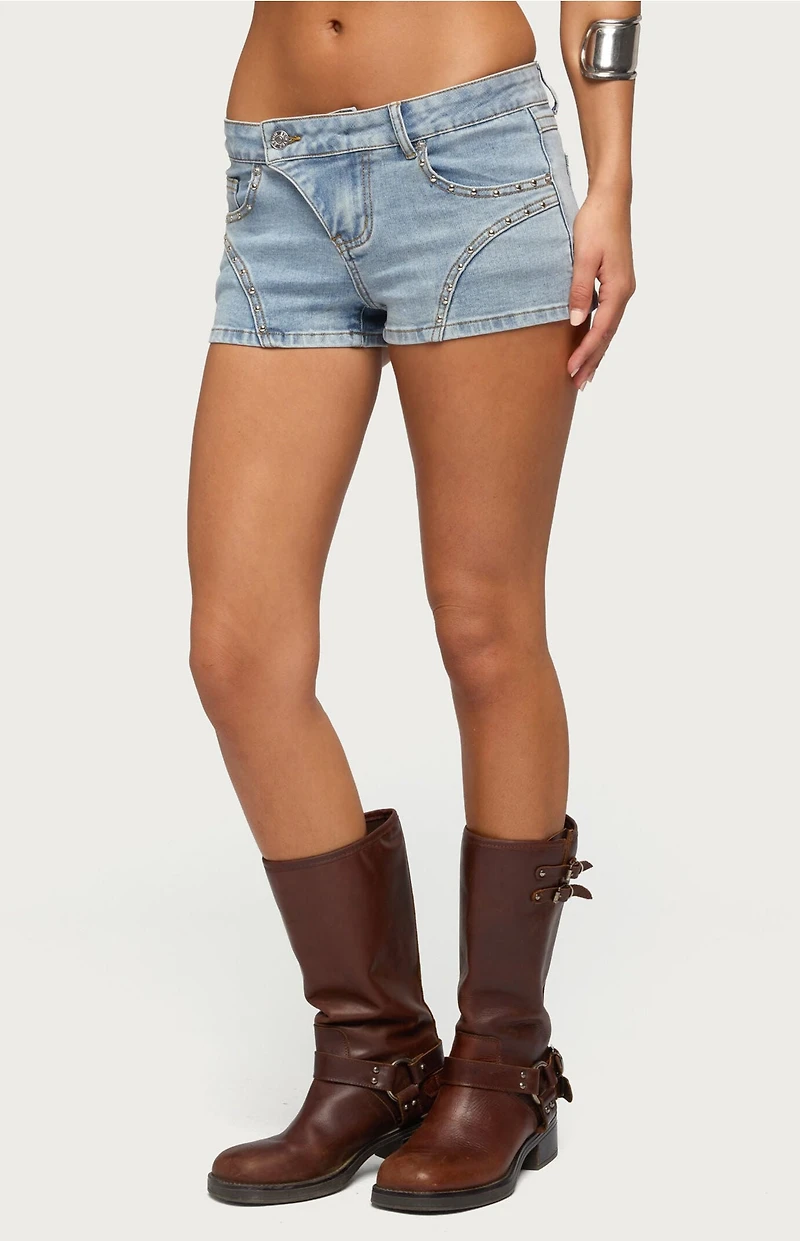 Edikted Western Stitch Studded Denim Micro Shorts