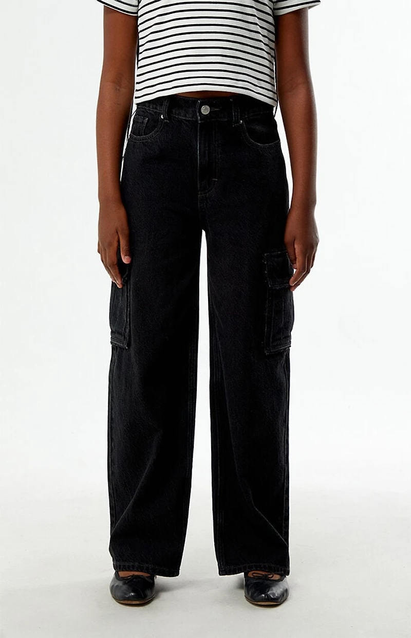 Pacsun Kids Baggy Jeans Frayed Cargo Black Wash