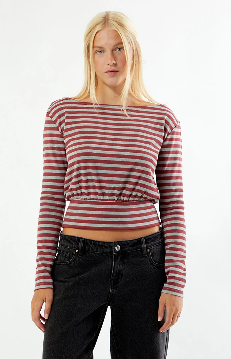 Your Favorite Vanna Cinched Waist Boat Neck Long Sleeve Top