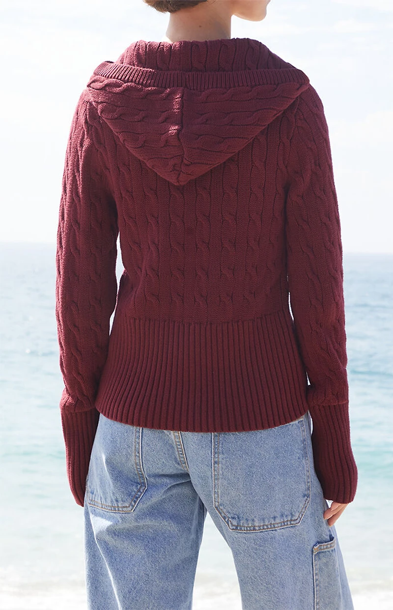 John Galt Burgundy Cable Knit Button Down Hooded Sweater