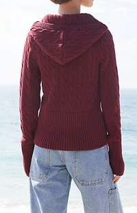 John Galt Burgundy Cable Knit Button Down Hooded Sweater