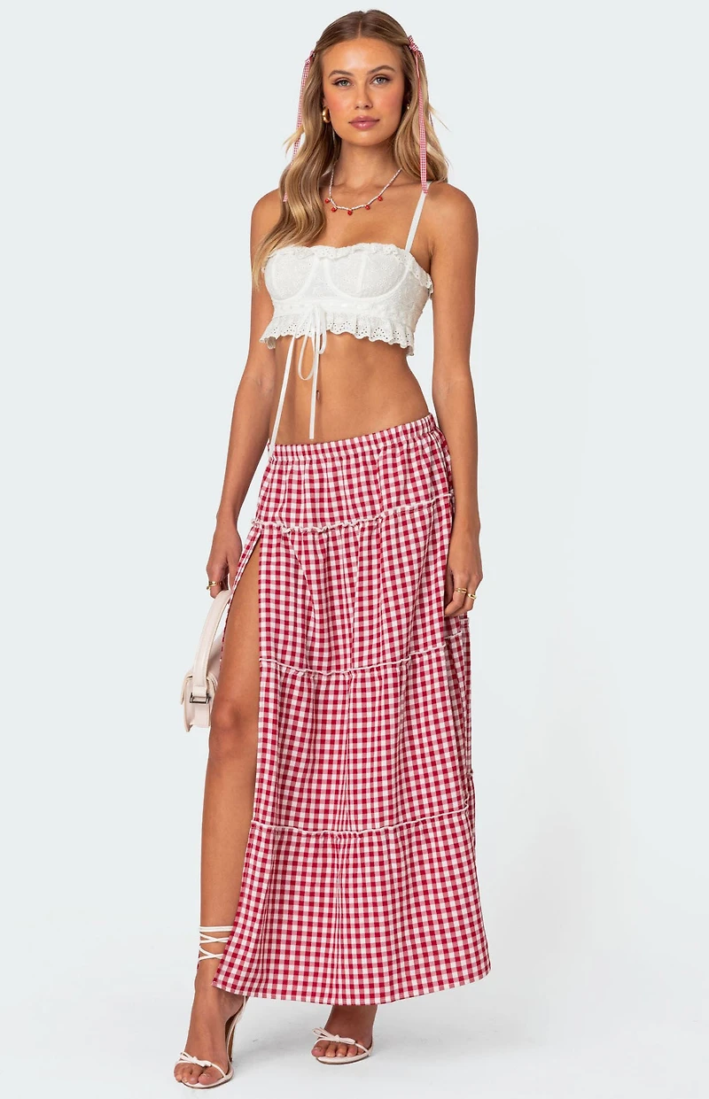 Edikted Gingham Side Slit Tiered Maxi Skirt