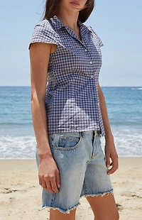John Galt Navy & White Plaid Rue Collared Top