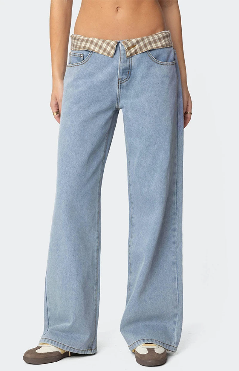 Edikted Peekaboo Plaid Low Rise Jeans