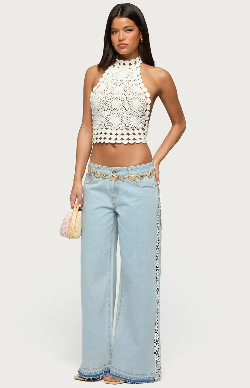 Edikted Backless Crochet High Neck Halter Top
