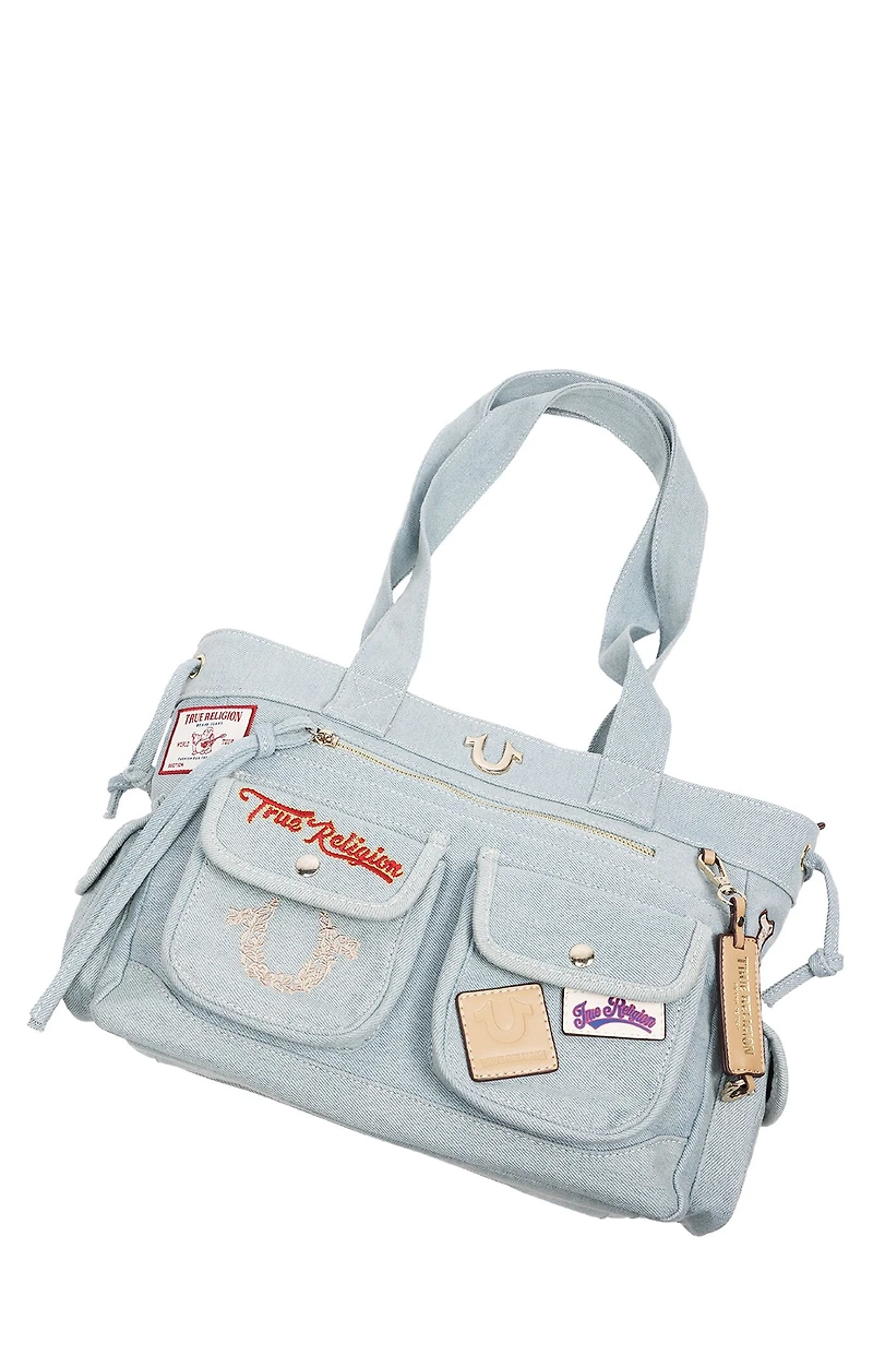 True Religion Blue Denim Multi Patch Tote Bag