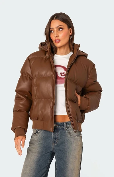 Edikted Wintry Faux Leather Hooded Puffer Jacket