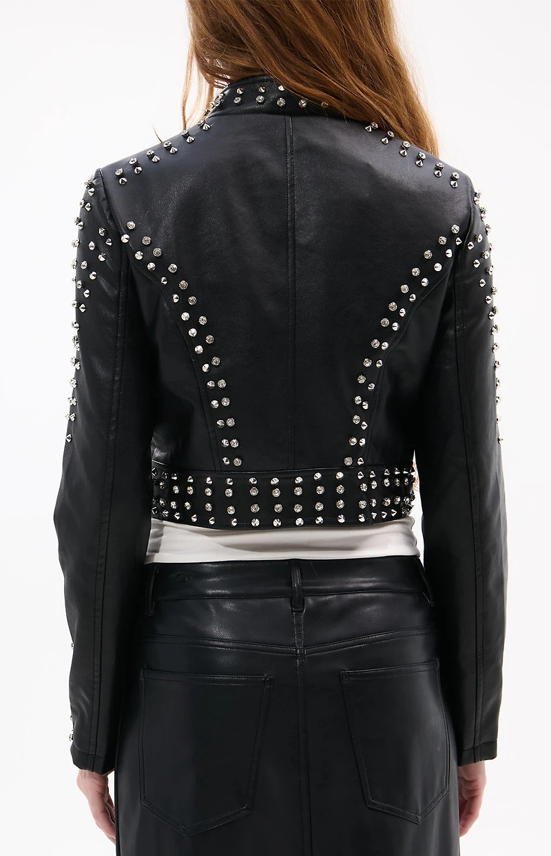 AZALEA WANG Silvia Crystal Faux Leather Moto Jacket