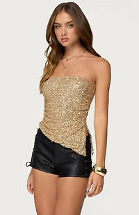 Edikted Sequin Asymmetric Slit Strapless Top