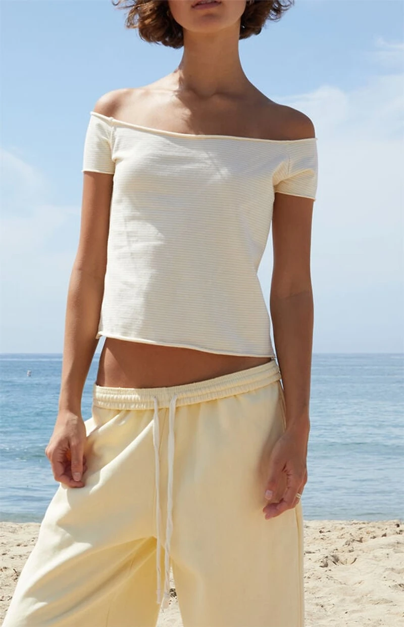 John Galt Yellow Striped Bonnie Off-The-Shoulder Crop Top
