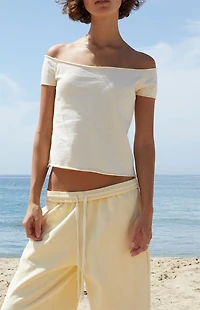 John Galt Yellow Striped Bonnie Off-The-Shoulder Crop Top