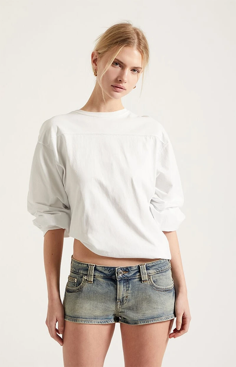 Pacsun Tatum Ultimate Low Rise Jean Micro Shorts Stretch Button Pocket Medium Blue