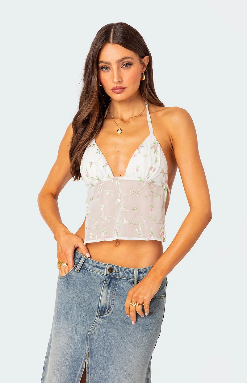 Edikted Embroidered Open Back Halter Top