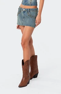 Edikted Studded Low Rise Washed Denim Mini Skirt
